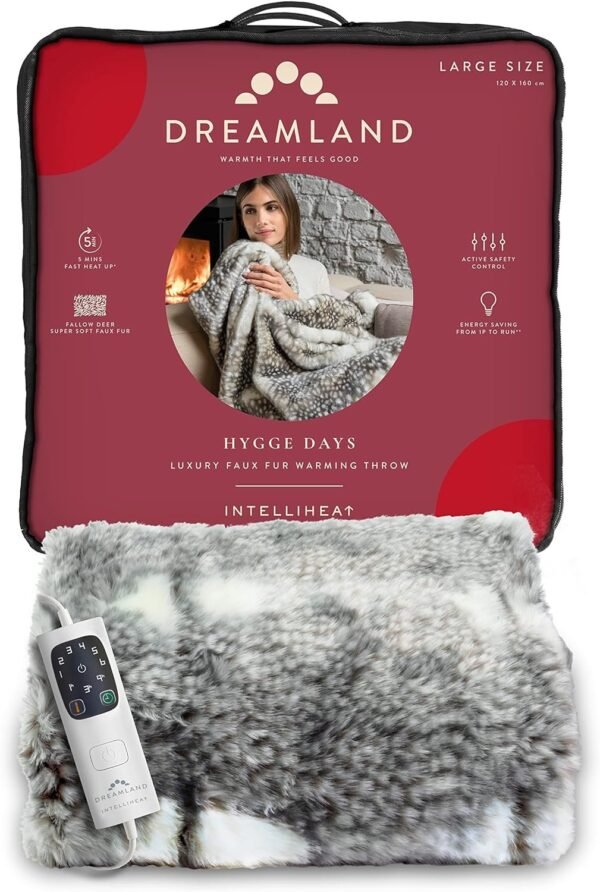 Dreamland Relaxwell Deluxe Fallow Deer Faux Fur Heated Throw | Fast Heat & Energy Efficient