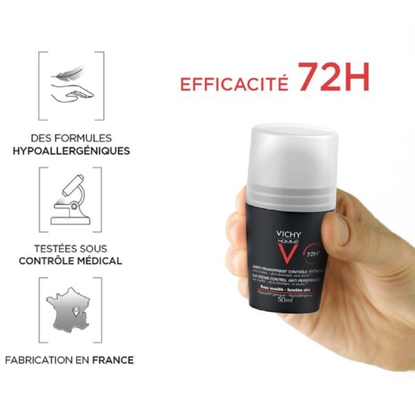 Vichy Homme 72hr Extreme Anti-Perspirant Roll-On 50ml | Long-Lasting Protection for Sensitive Skin - Image 2