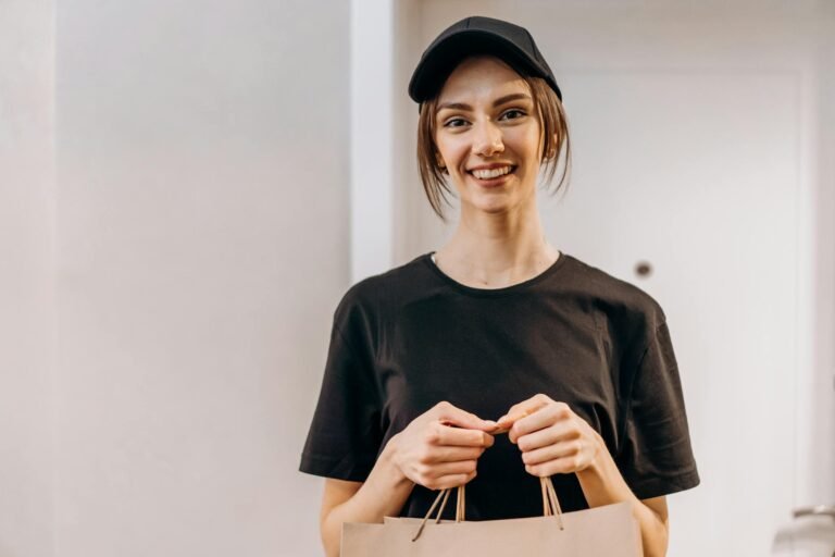 Smiling young woman in black attire holding delivery paper bags indoors.