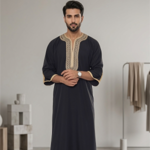 Black Moroccan Thobe for Men – Embroidered Islamic Kaftan