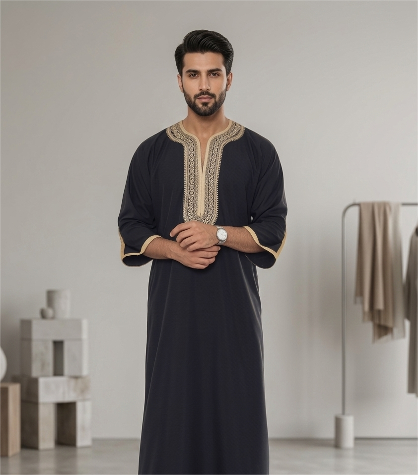 Black Moroccan Thobe for Men – Embroidered Islamic Kaftan